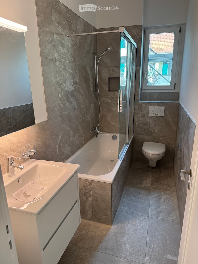 modern bathroom, grey tile, white bathtub, shower, sink, mirror, toilet