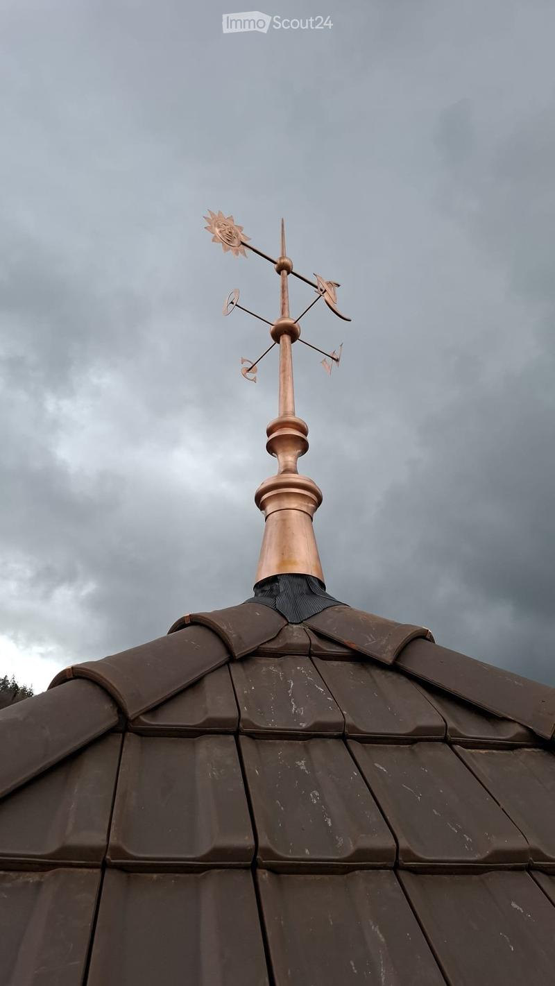 copper roof, brown tiles, copper weathervane