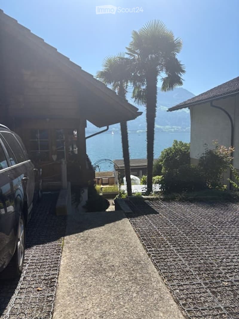 Courtyard with a view of a lake and mountains, featuring palm trees, a parked car, and a pathway.