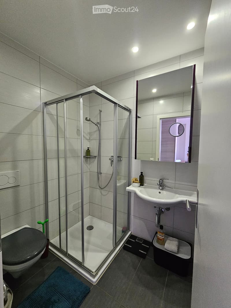 Modern bathroom with a glass-enclosed shower, toilet, sink, and mirror. Includes a towel, bottle, and bathroom scale.