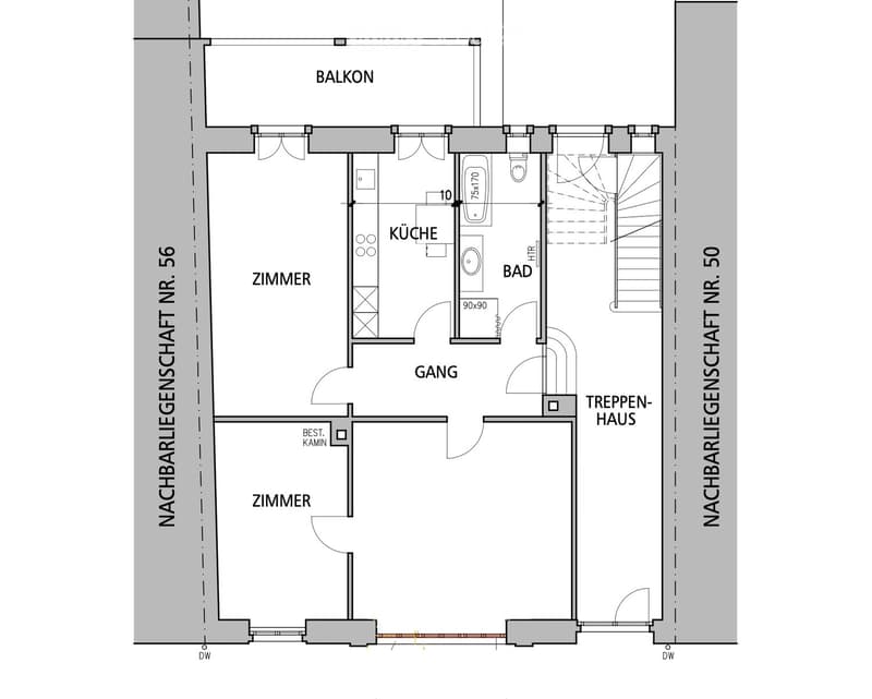 Floor plan showing a kitchen, two bedrooms, a bathroom, a hallway, and a staircase leading to another level. Includes a balcony and a best. Kamin (best fireplace) area.
