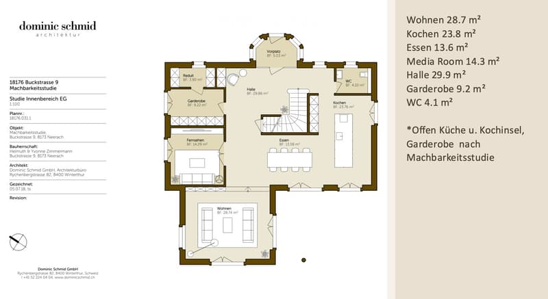 Floor plan of a residential space featuring a living area, kitchen, dining area, media room, hallway, wardrobe, and WC.