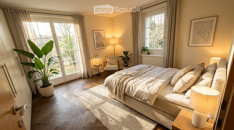 Bright bedroom with wooden flooring, large windows, a bed with pillows and blankets, a side table with a lamp, a chair, and potted plants.