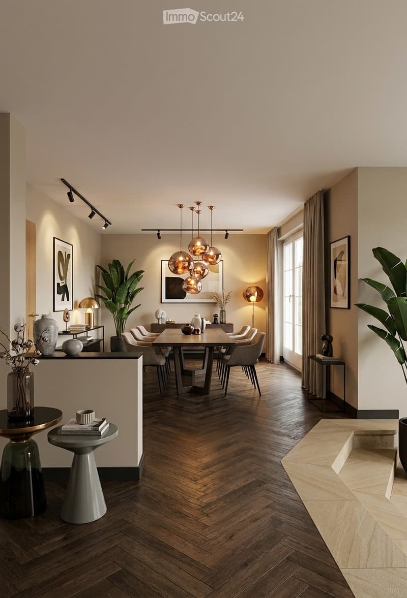 Modern dining area with herringbone wooden flooring, a central dining table surrounded by chairs, decorative vases, books, and a pendant light fixture.