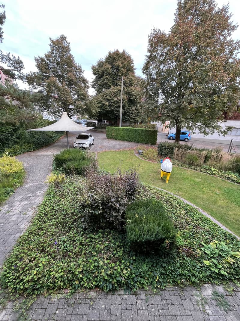 Well-maintained garden with neatly trimmed hedges, a paved pathway, a canopy, and a parked car in the background.