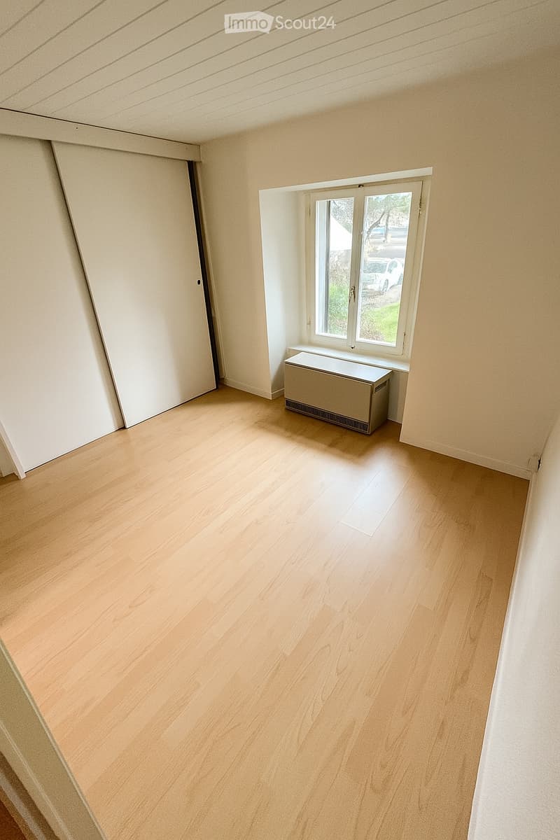 empty room, hardwood floors, white walls, sliding doors, window, radiator, outside view