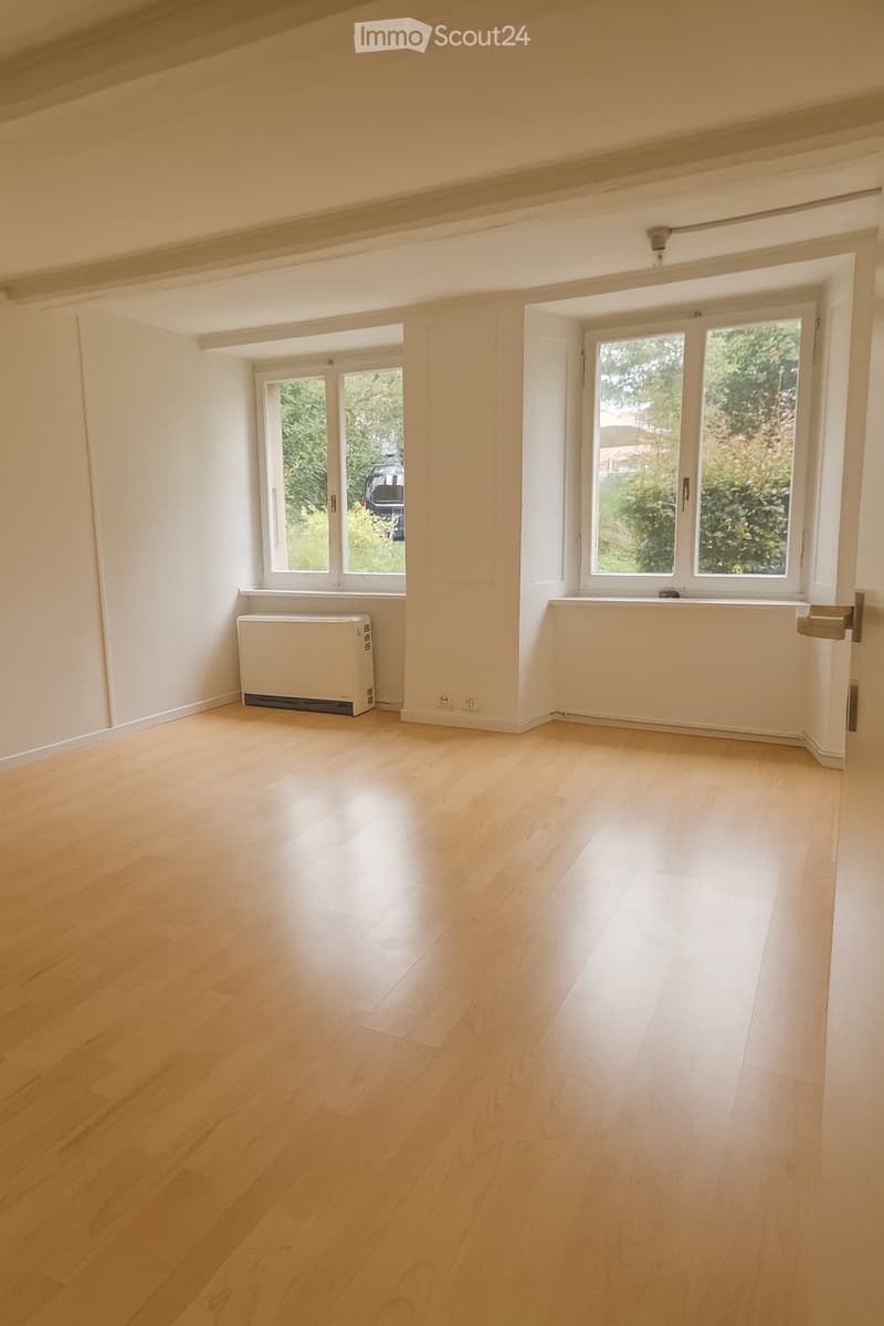 two windows, white walls, parquet floor, heater