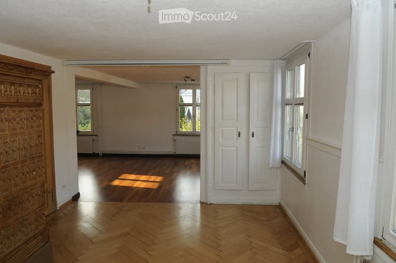 empty room, wooden parquet flooring, white walls, windows, ceiling lights, wooden door