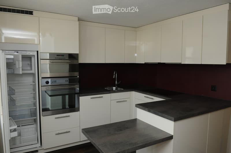 modern kitchen with white cabinets, black countertops, stainless steel appliances, integrated dishwasher and washing machine