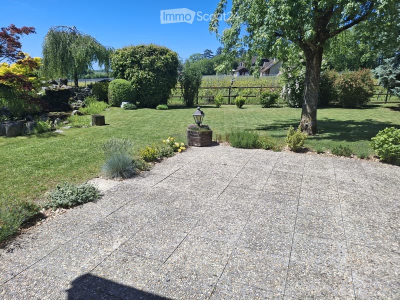 Well-maintained garden with a gravel pathway, lush green lawn, various shrubs, trees, and a wooden planter box.