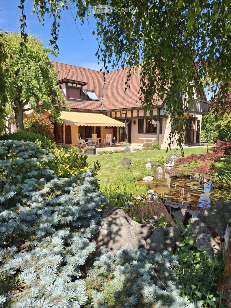 A well-maintained garden with a pond, various plants, and outdoor seating near a house with a red-tiled roof and yellow awning.