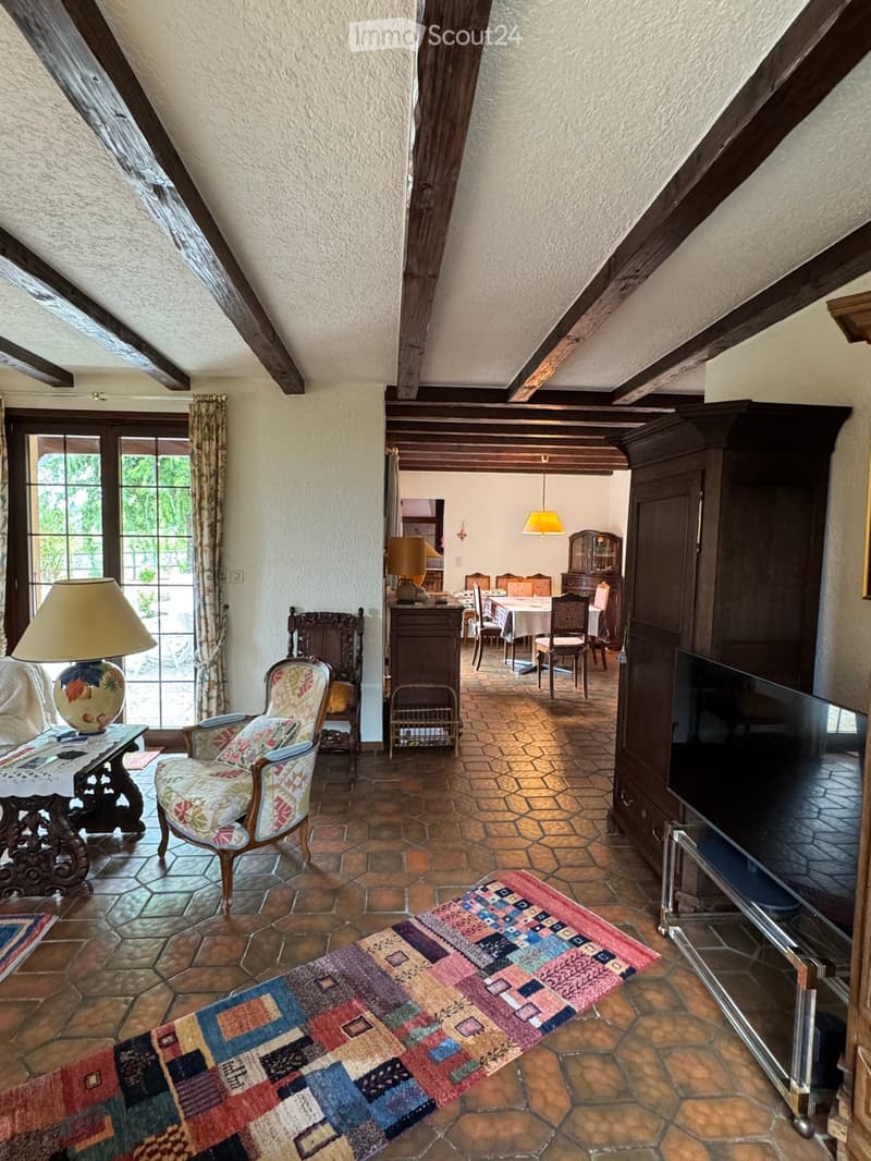 A cozy living room with exposed wooden beams, a patterned rug, a sofa, a coffee table, a television, and a dining area visible in the background.