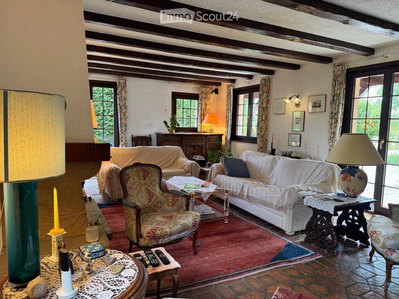 Cozy living room with exposed wooden beams, tiled floor, and large windows. Features a white sofa, patterned armchair, coffee table, and decorative lamps.