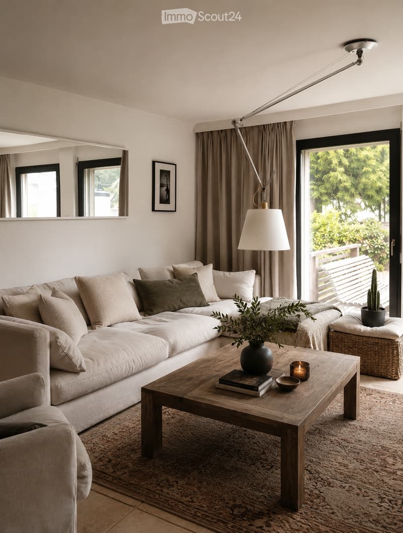 Modern living room with a large sectional sofa, wooden coffee table, floor lamp, and large windows leading to a balcony.