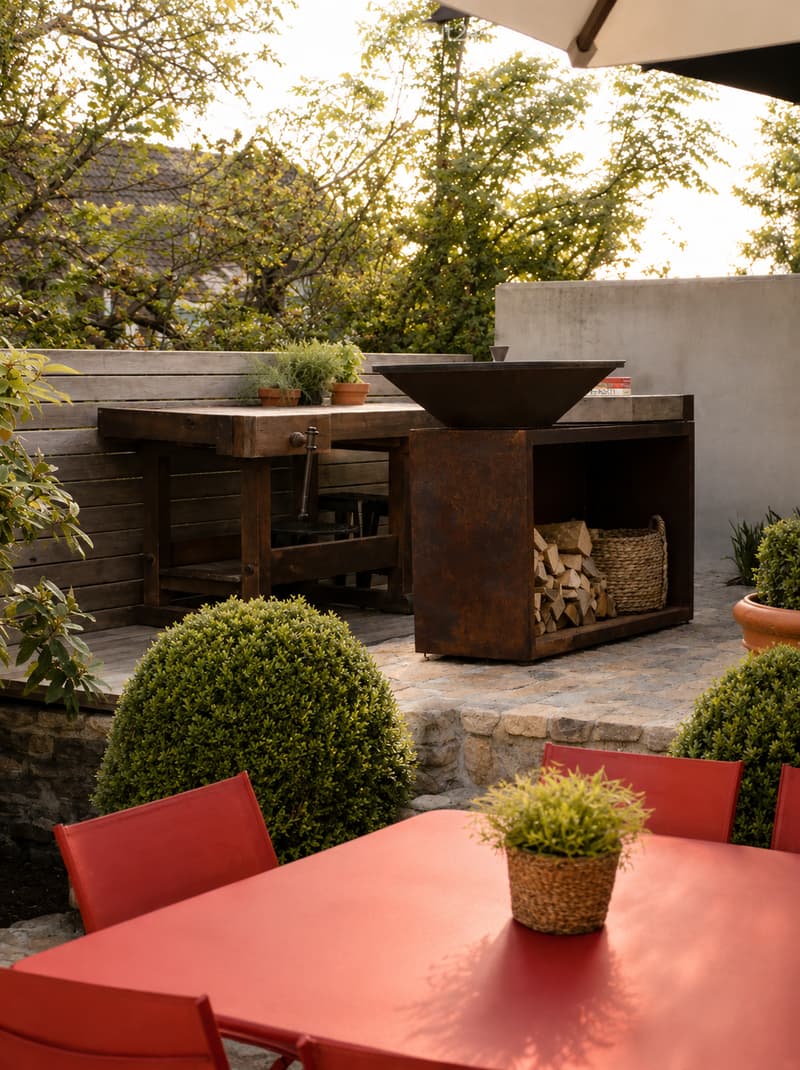 Outdoor patio with a red table, red chairs, a wooden bench, a metal fire pit, a storage unit with firewood, and potted plants.