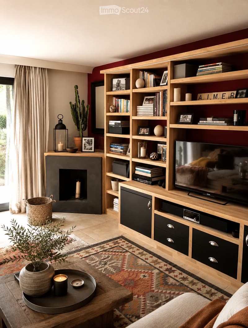 Modern living room with a fireplace, bookshelf, TV, sofa, coffee table, and decorative items.