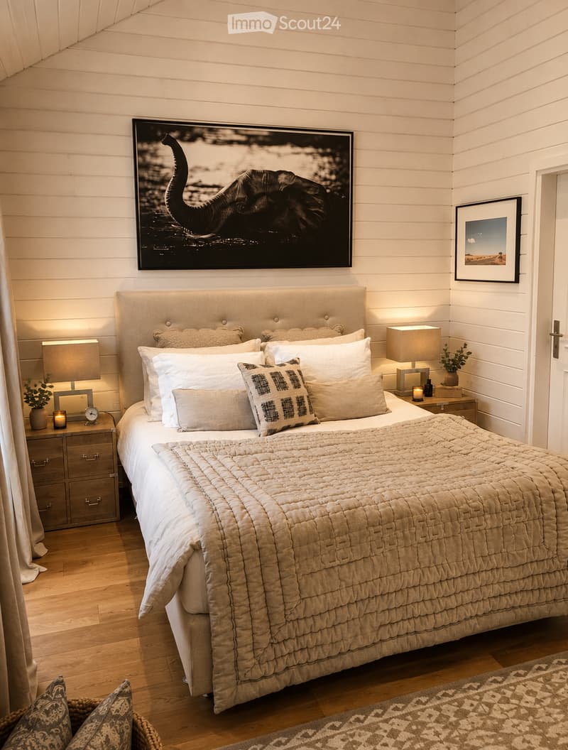 Cozy bedroom with a large bed, nightstands, lamps, and artwork on the walls.