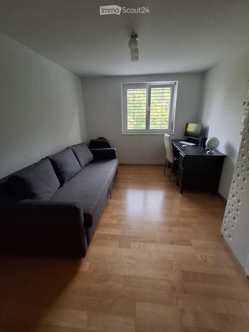 A modern, furnished room with a grey sofa, a desk with a computer, a chair, and a globe on the desk. The room features wooden flooring and large windows with blinds.