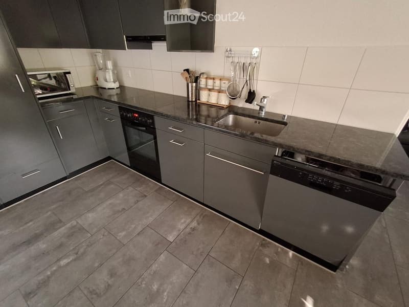 Modern kitchen with dark grey cabinets, stainless steel appliances, and a black countertop. Includes an oven, dishwasher, sink, faucet, blender, toaster, and various kitchen utensils.