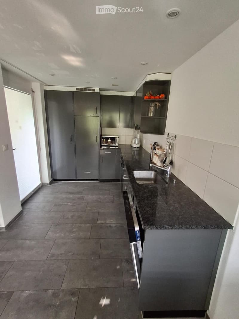 Modern kitchen with dark grey cabinets, granite countertop, stainless steel appliances, and built-in storage. Features a sink, microwave, and various kitchen utensils.