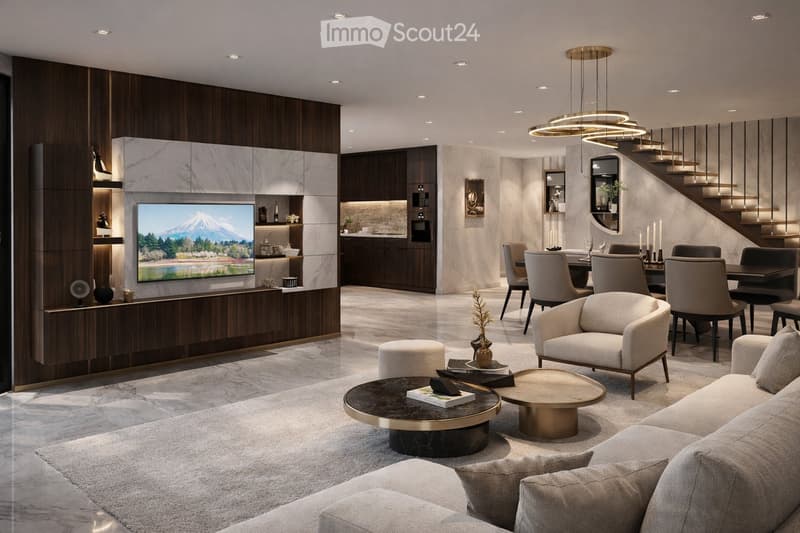 Modern living room with a large sectional sofa, coffee tables, dining area, and a TV mounted on a wooden wall.
