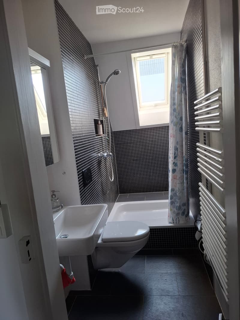 Modern bathroom with dark tiled walls, a white sink, toilet, bathtub, and a shower area with a curtain. A radiator is mounted on the wall, and a window provides natural light.