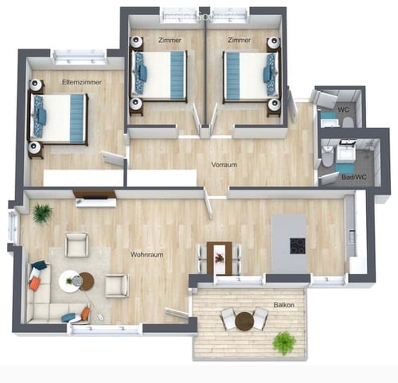 Floor plan of a 3-bedroom apartment with living room, dining area, hallway, and balcony.