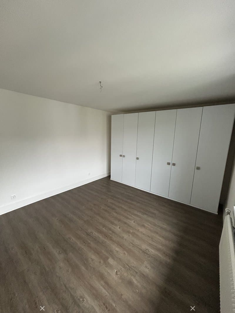 Empty room with light-colored walls, wooden flooring, and built-in white closet units.