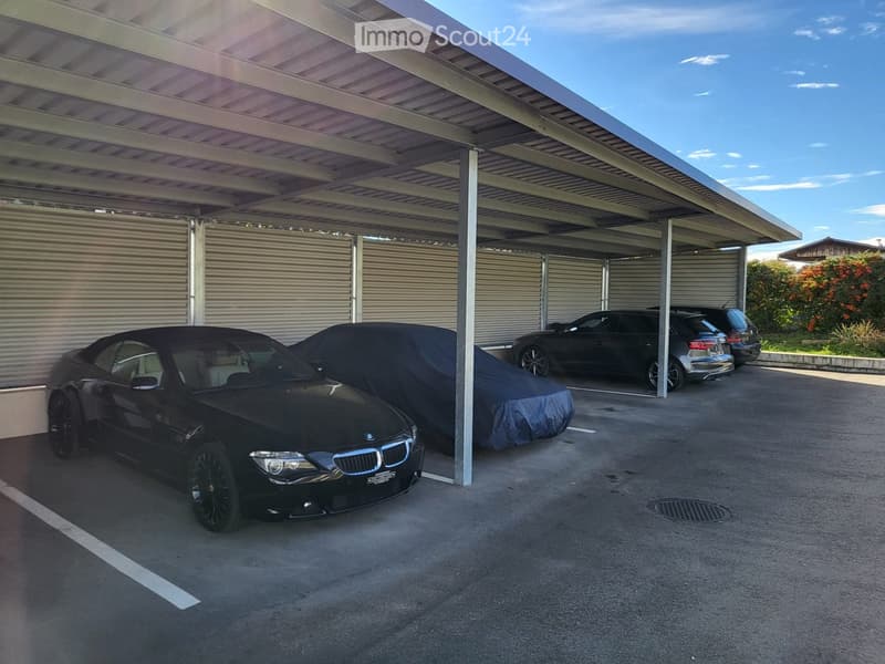 Carport with multiple vehicles, including a black BMW and a covered car, under a metal roof structure.