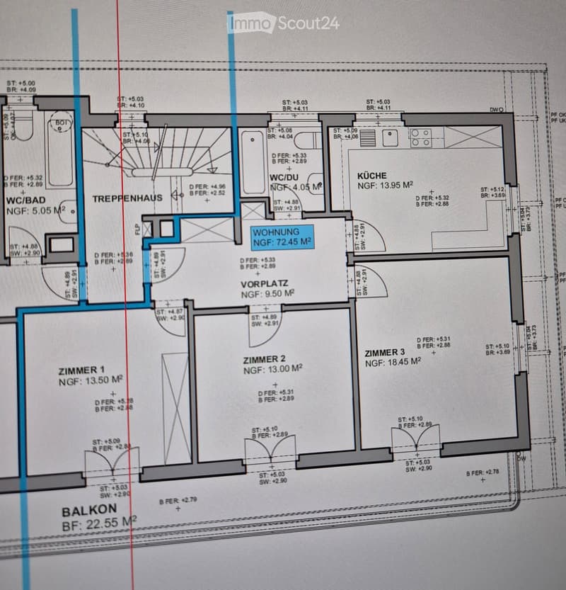 Floor plan showing a multi-room layout including a kitchen, living area, three bedrooms, a bathroom, a staircase, and a balcony.