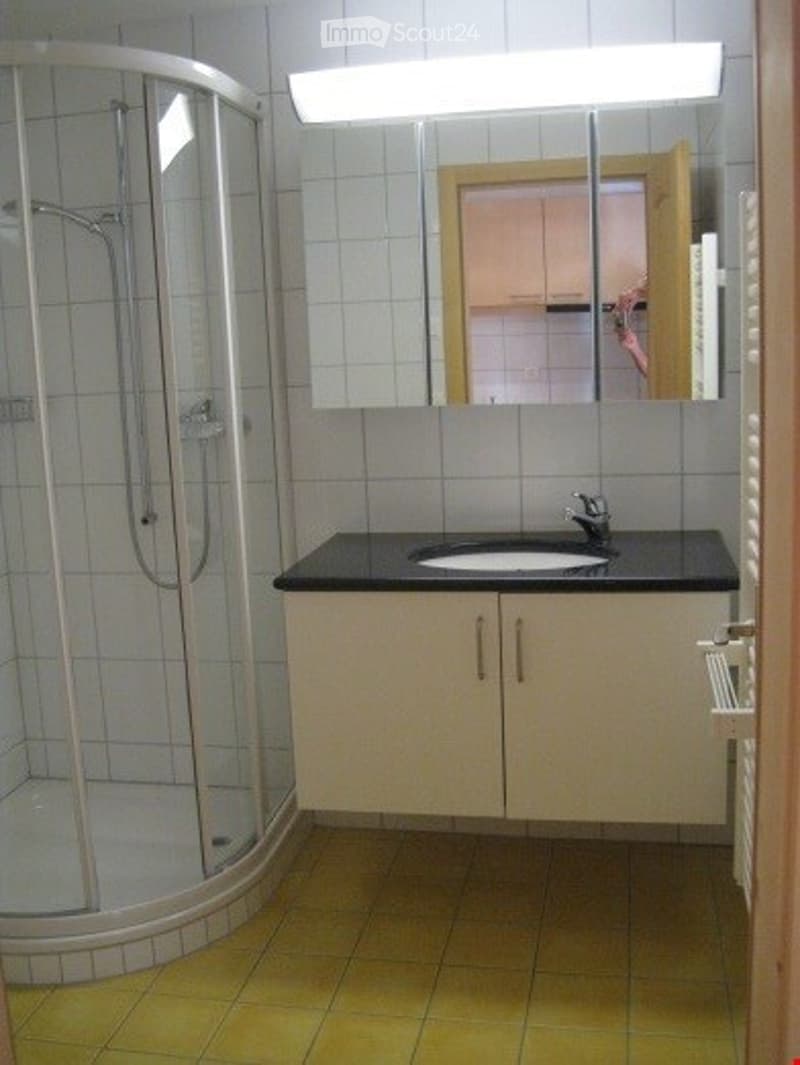 Modern bathroom with a white tiled shower stall, a black countertop sink, a mirror above the sink, and a cream-colored cabinet below.