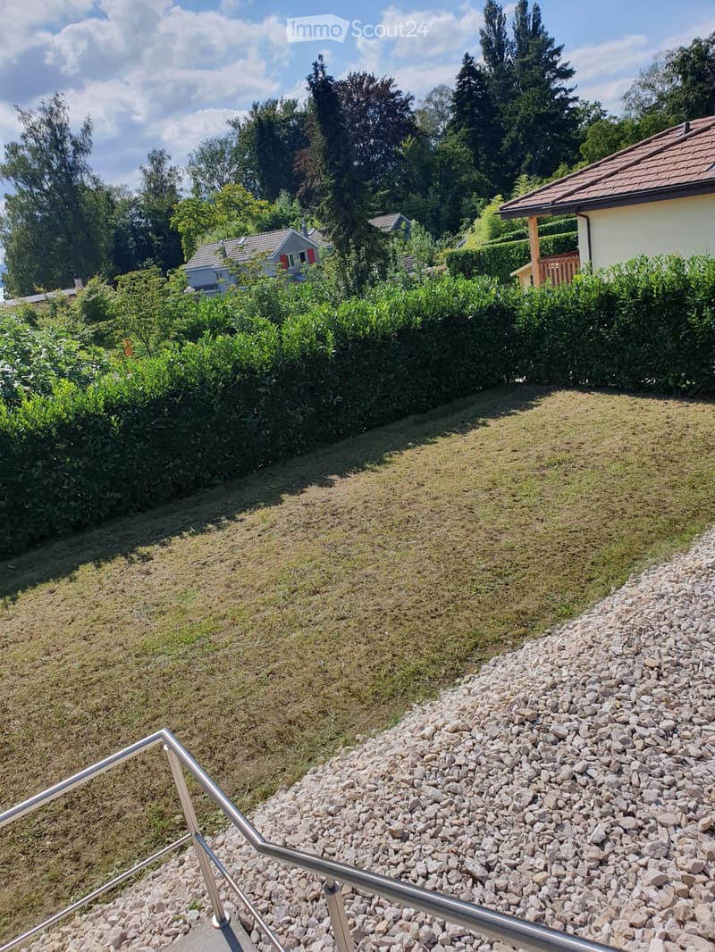 lawn with shrubs, gravel path, small staircase
