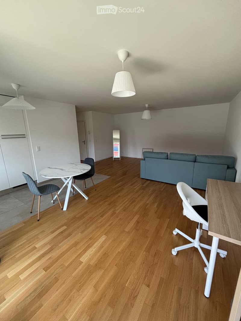 Modern living room with wooden flooring, a grey sofa, a white dining table with chairs, a desk with a chair, and pendant lights.