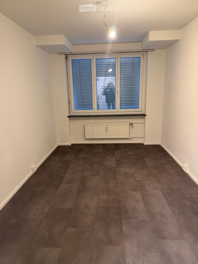 Empty room with light-colored walls, dark flooring, large window with blinds, radiator, and ceiling light fixture.