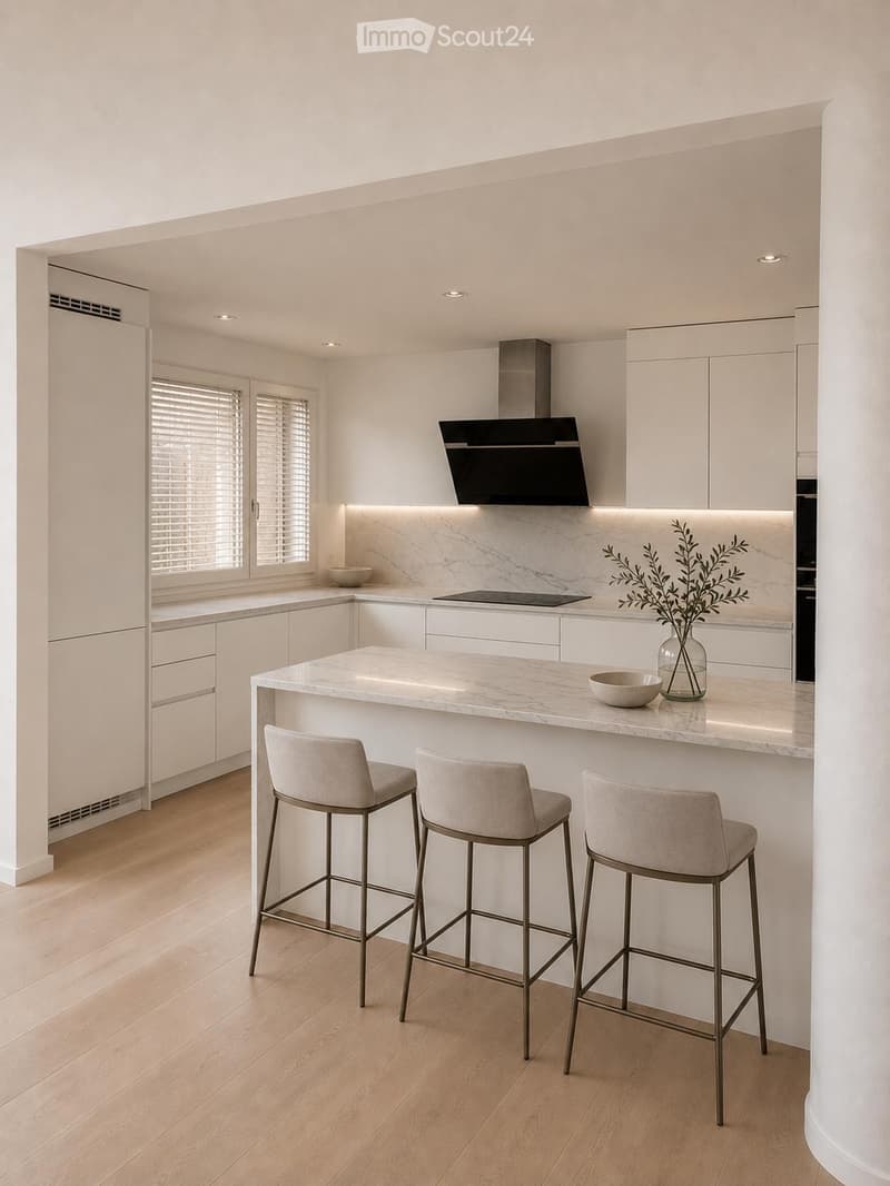 Modern kitchen with white cabinets, marble countertops, and integrated appliances. Features a central island with three bar stools, a vase with greenery, and bowls on the counter.
