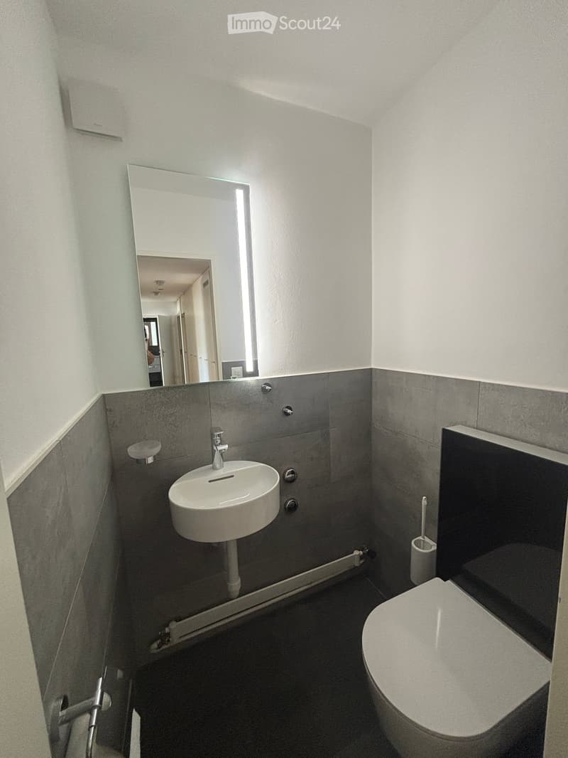 Modern bathroom with a white sink, toilet, and large mirror with built-in lighting. Grey tiled walls and dark floor.