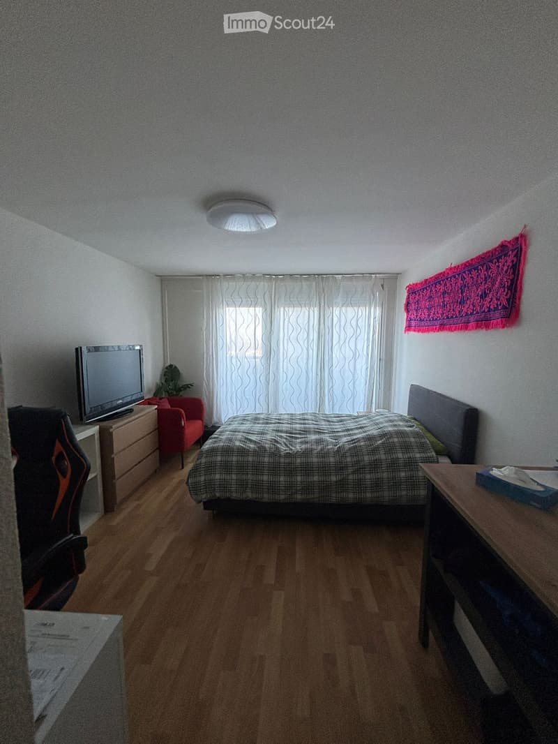 A small bedroom with a bed, a red chair, a wooden table, a TV screen, and a plant near the window. The room has wooden flooring and white walls.
