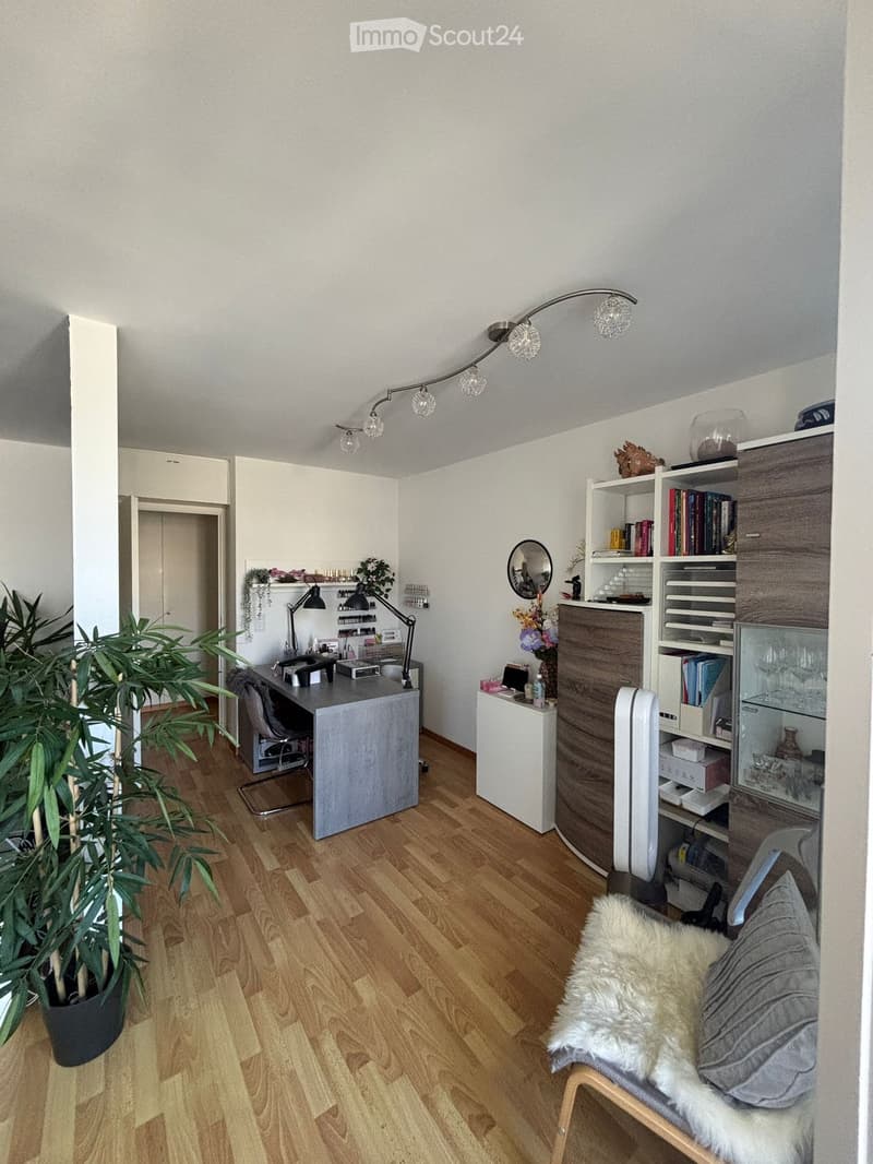 A well-lit, modern room with wooden flooring, a large desk, a bookshelf, a chair with a fur throw, and a potted plant. The room features built-in storage and a sleek, adjustable lighting fixture above the desk.