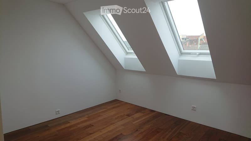 Empty attic room with wooden flooring, white walls, and two skylight windows.