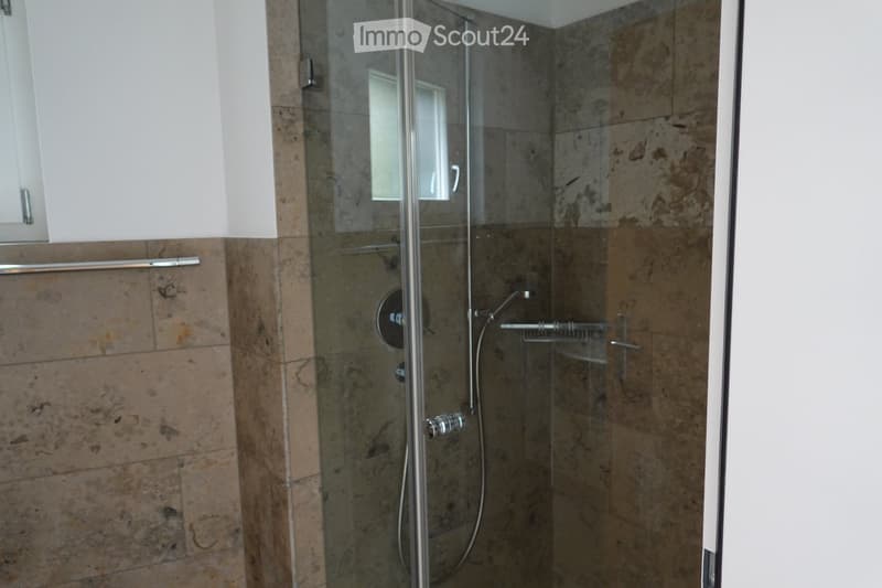 Bathroom with a glass shower door, shower head, and a soap dish.