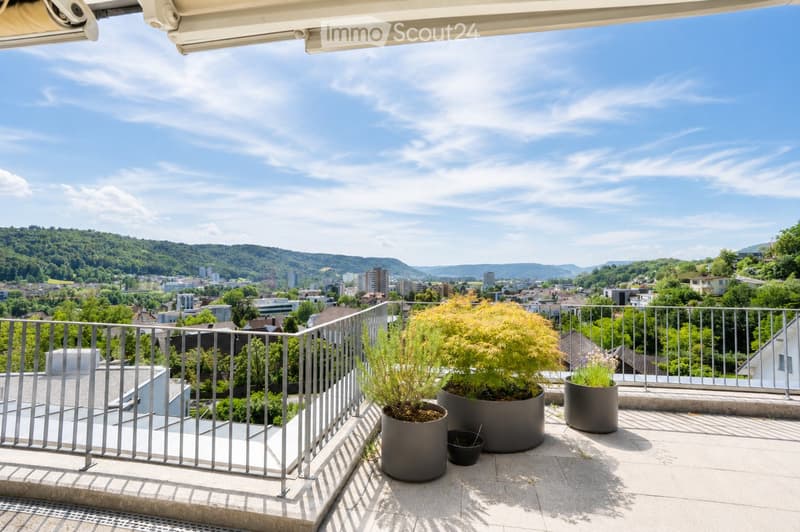 Balcony with metal railing, potted plants, and a scenic city view.