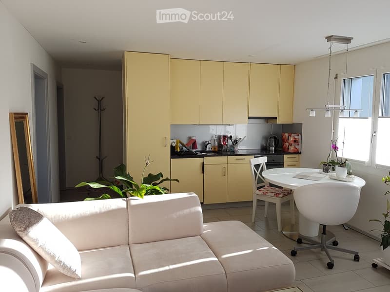 Modern living room with white sofa, round dining table, yellow cabinets, potted plants, white ceiling, windows
