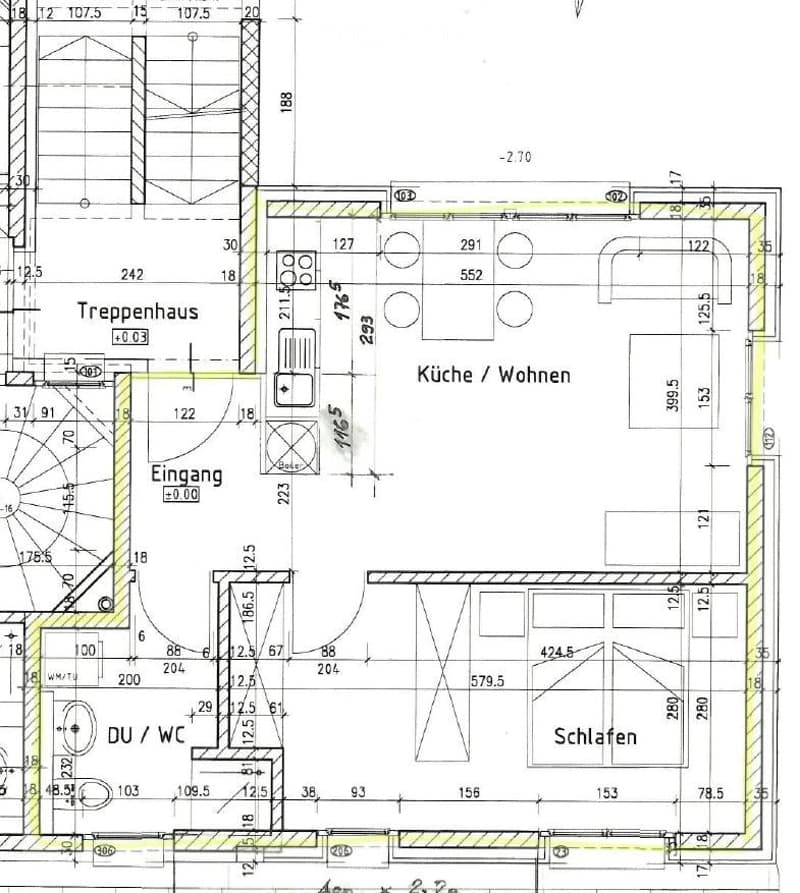 Entrance hall, stairs, kitchen/living area, two bedrooms, bathroom, terrace