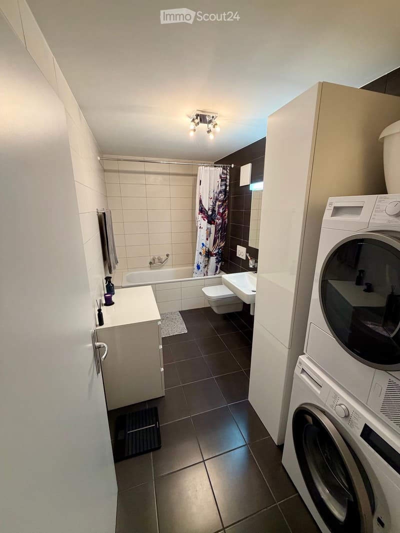 Modern bathroom with a bathtub, toilet, sink, and washing machine. Features include a shower curtain, towel, and various bathroom accessories.