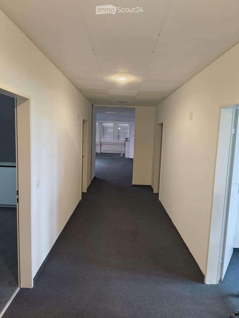 Empty hallway with white walls, carpeted floor, and recessed lighting. Doors lead to adjacent rooms, with a visible office space at the end.
