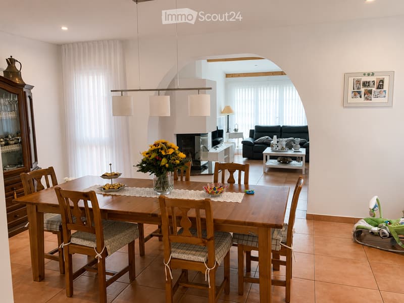 Dining area with a wooden dining table and chairs, a sofa in the living area, a fireplace, a lamp, and a decorative cabinet.