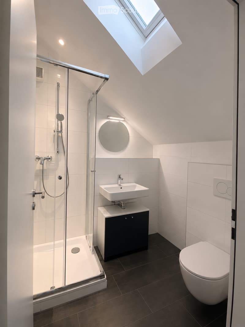 Modern bathroom with a glass-enclosed shower, white tiles, a floating sink with a dark cabinet, a round mirror, and a toilet. The room features a skylight window and recessed lighting.