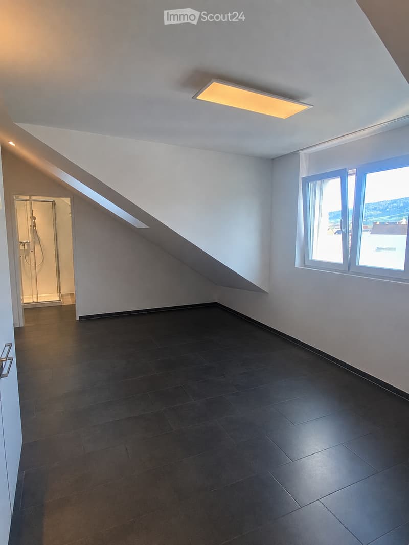 Empty room with dark tiled floor, white walls, large windows, and a glass-enclosed shower area visible in the background.
