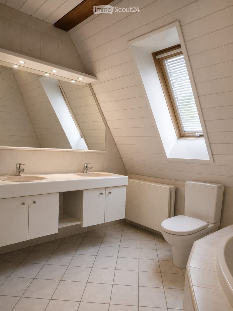 Modern bathroom with double sink, toilet, bathtub, and built-in cabinets. Features skylight windows and recessed lighting.