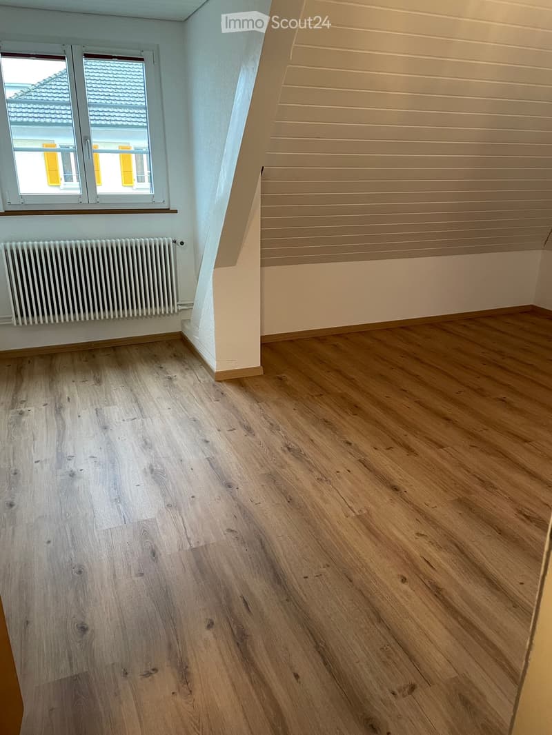 Empty room with wooden flooring, white walls, and a radiator under a window with yellow shutters visible outside.